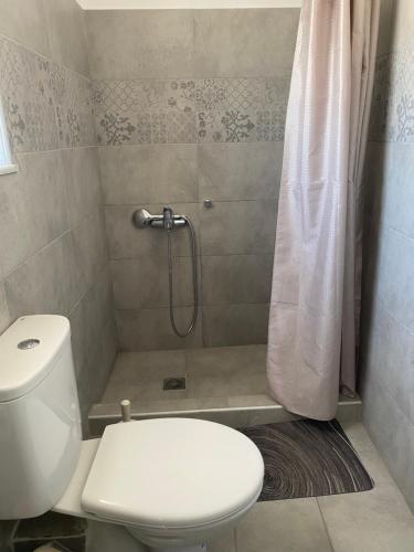 a bathroom with a toilet and a shower at Popi Studios in Kos Town