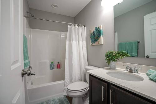 a bathroom with a toilet and a sink and a shower at Luxury Blue Home minutes from everything Indy in Indianapolis