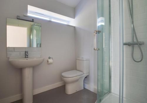 a bathroom with a toilet and a sink and a shower at Daisy Lodge in Blyford