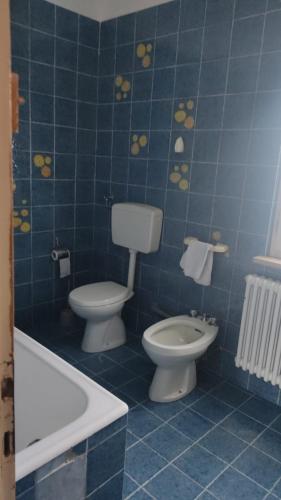 ein blau gefliestes Bad mit einem WC und einem Bidet in der Unterkunft Stanze private in appartamento in Udine