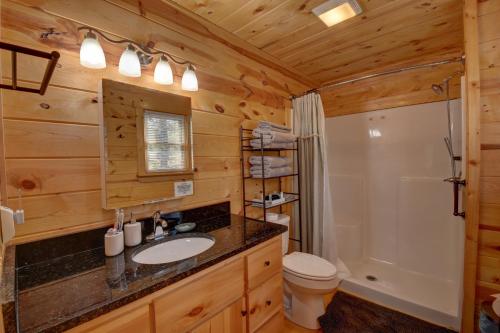 een badkamer met een wastafel, een toilet en een douche bij Goldyloks' Cottage is "Just Right!" for you! Near Murphy, NC and Blairsville, GA in Murphy