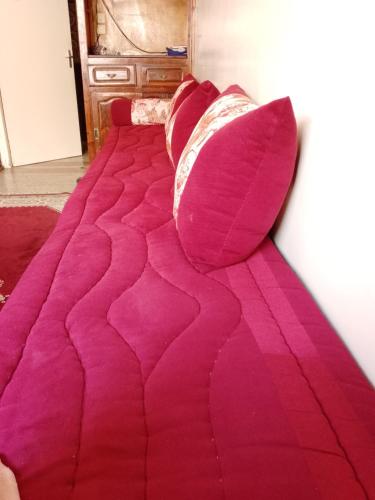 uma cama com um edredão rosa e almofadas em تاغزيفت em Tafraout