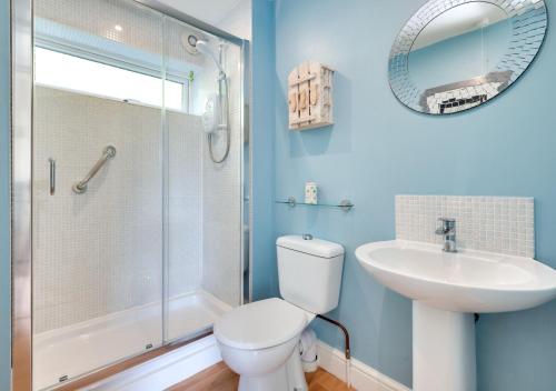 a bathroom with a toilet and a sink and a shower at Little Glebe in Middleton