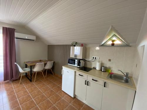 a kitchen with a sink and a table with a microwave at Silence Apartmanház Zalakaros in Zalakaros