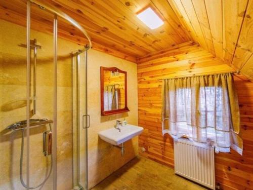 a bathroom with a sink and a shower in a cabin at Holiday Home in Be czna near Lake Kl pnicko in Bełzcna