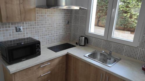 a small kitchen with a sink and a microwave at Evelina's studio in Artemida