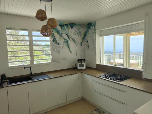 a kitchen with white cabinets and a view of a balcony at La Perle Caribéenne in Le Lamentin