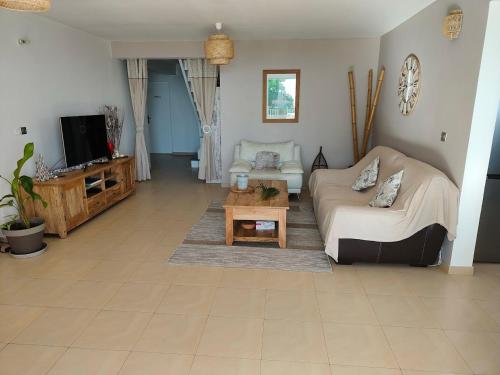 a living room with a couch and a tv at La Perle Caribéenne in Le Lamentin