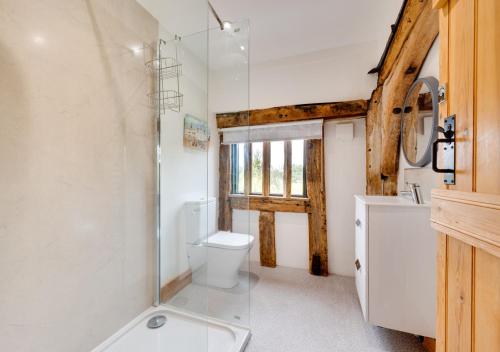 a bathroom with a toilet and a sink and a mirror at Owls End at Wattisham Hall in Wattisham