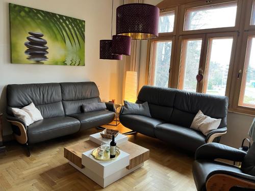 a living room with two leather couches and a table at Apartment Villa am Großen Garten by Interhome in Dresden