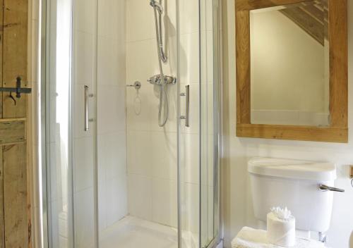 a bathroom with a shower with a toilet and a mirror at Red House Barns Sternfield in Friston
