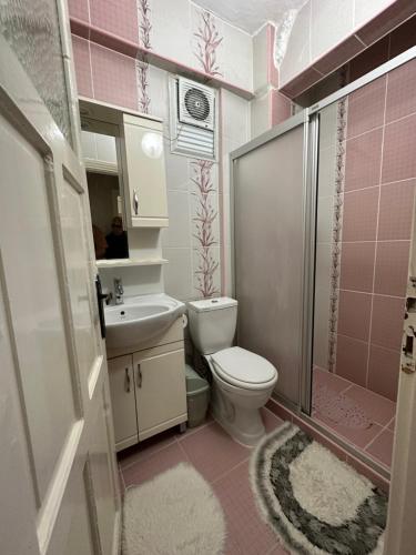 a pink bathroom with a toilet and a sink at Nur home1 Abuzer Yegin in Istanbul