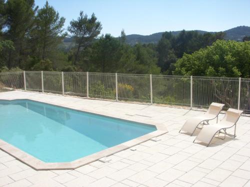 une piscine avec deux chaises et une clôture dans l'établissement Le Bastidon des Tilleuls - Gîte de France 3 épis, au Beausset
