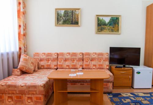 a living room with a couch and a tv at Lyuks Hotel in Kirov
