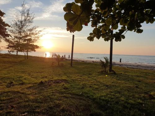een zonsondergang op een strand met bomen en de oceaan bij Private Beach House with Sunset View @ Kuala Penyu Sabah in Kampong Tidong