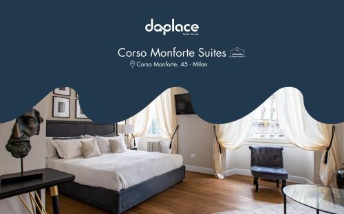 ein Schlafzimmer mit einem Bett, einem Tisch und einem Stuhl in der Unterkunft Daplace - Corso Monforte Suites in Mailand