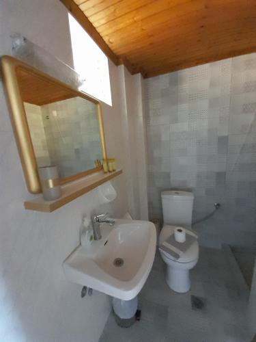 ein Badezimmer mit einem Waschbecken, einem WC und einem Spiegel in der Unterkunft Livikon Studios & Rooms in Rodakino