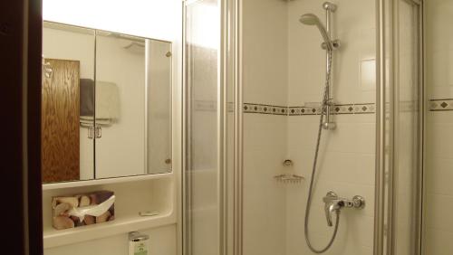 a bathroom with a shower with a glass door at Land-gut-Hotel Landgasthof Hotel Ochsen in Schömberg