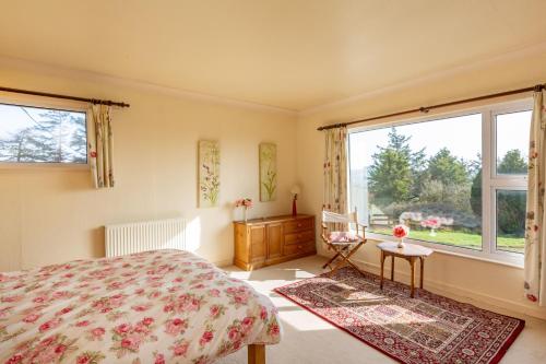 a bedroom with a bed and a large window at Dunrod in Kirkcudbright