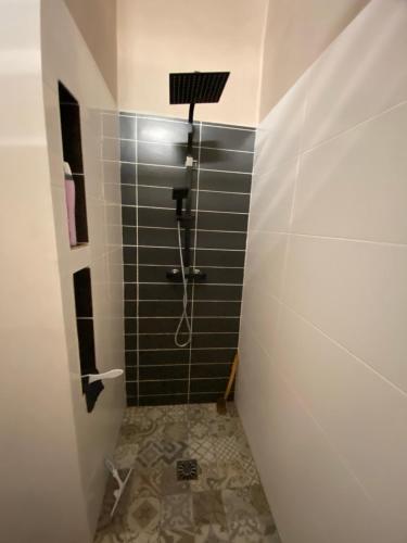 a bathroom with a shower with black tiles at Casa Chiquinha in Ribeira da Prata