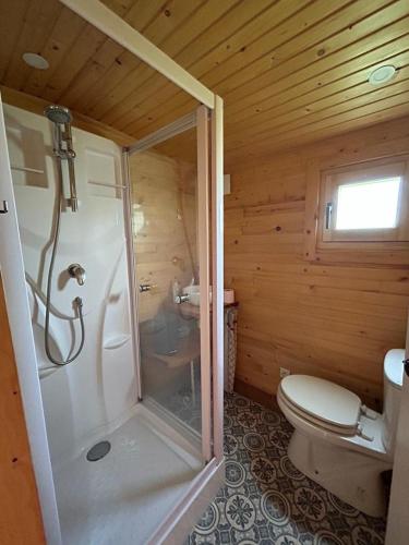 La salle de bains en bois est pourvue d'une douche et de toilettes. dans l'établissement La p'tite Bohème, à Gouttières
