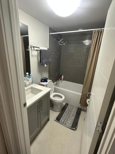 a bathroom with a toilet and a sink and a tub at Cozy BSMT Apt w/2BR+Disney+ Nflx in Saskatoon