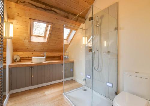 ein Bad mit einer Glasdusche und einem WC in der Unterkunft The Folly Barn in Debenham