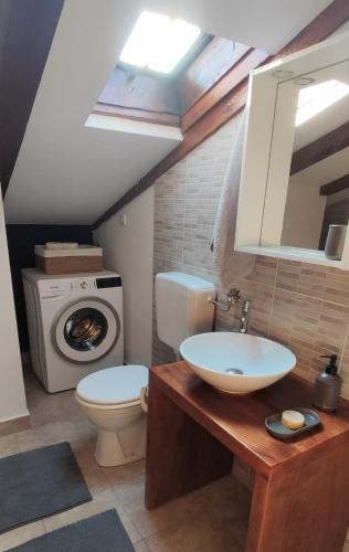a bathroom with a sink and a toilet and a washing machine at Beautiful seaside 2 bedroom apartment Babina in Rabac