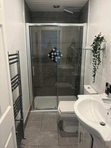 a bathroom with a shower and a toilet and a sink at House in Anfield in Liverpool