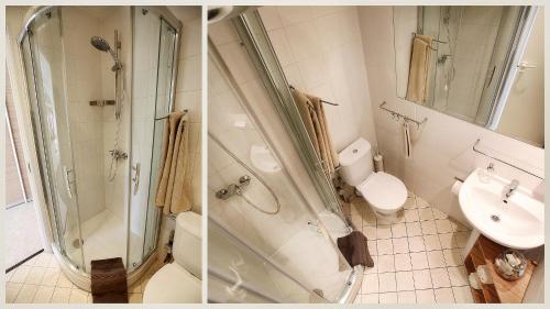 - deux photos d'une salle de bains avec douche et toilettes dans l'établissement Nora Green, à Nido