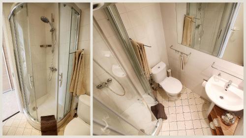 two pictures of a bathroom with a shower and a toilet at Nora Green in Nida
