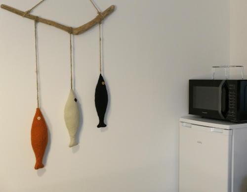 three fish hooks hanging on a wall next to a microwave at Art et Nature in Abbeville