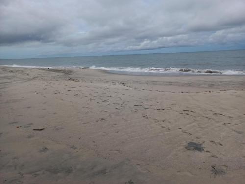 a beach with footprints in the sand and the ocean at ADVENTURE House in Nancito