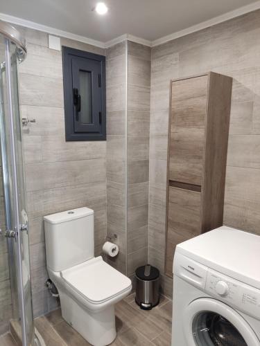 a bathroom with a toilet and a washing machine at ISMINI STUDIOS in Menídion