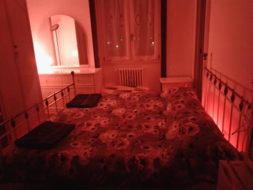 a bedroom with a large bed in a dark room at Gigli, rooms con cucina in comune e terrazza in Milan
