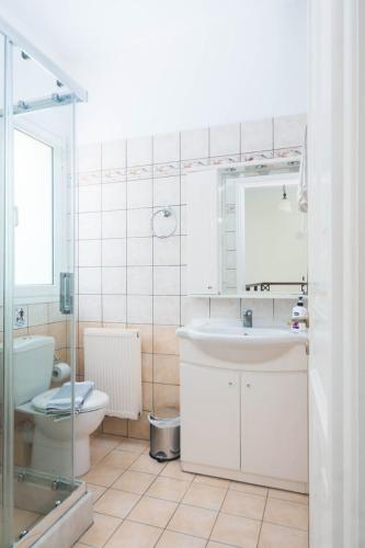 a white bathroom with a toilet and a sink at Villa Spyros in Nisaki