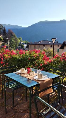 - une table bleue et des chaises fleuries dans le jardin dans l'établissement B&B Santa Brigida, à Santa Brigida