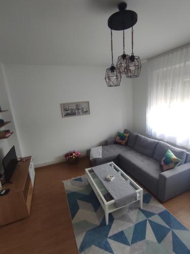 トゥズラにあるWelcome Apartmanのソファとテーブルのあるリビングルーム