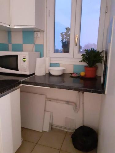 une cuisine avec un comptoir noir et un four micro-ondes dans l'établissement le plein soleil a Neuilly plaisance, à Neuilly-Plaisance