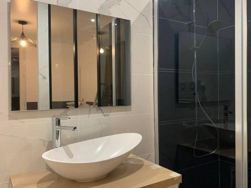 uma casa de banho com um lavatório branco e uma cabina de duche em vidro. em AUBERVILLIERS COSY em Aubervilliers