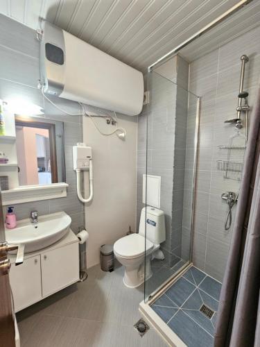 a bathroom with a shower and a toilet and a sink at Bansko Private VIP Apartment in Bansko