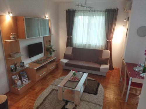 a living room with a couch and a tv at DORA Apartman in Palić
