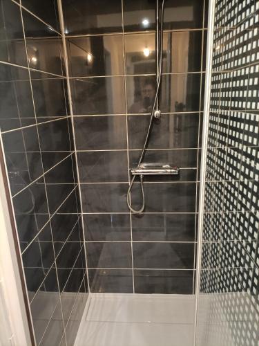 baño con ducha de azulejos negros en Krishna, en Angers