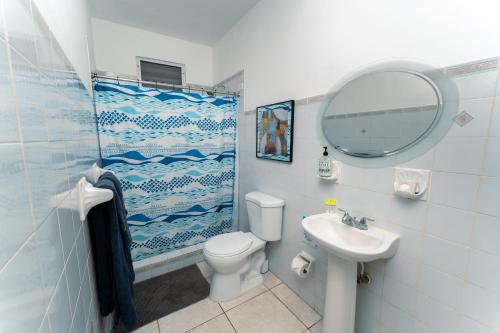 a bathroom with a toilet and a sink and a mirror at Green Studio 1 - just 7 min drive to the beach in Rincon