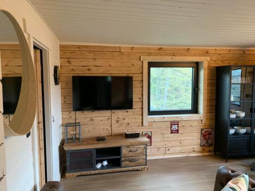 a living room with a flat screen tv on a wooden wall at Gîtes Douillets : Chalet sur Pilotis in Houyet