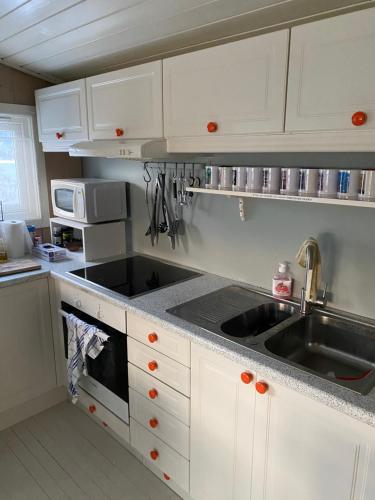 eine Küche mit weißen Schränken und einem Waschbecken in der Unterkunft Kunstnerhytte med panoramautsikt på Furuholmen in Sarpsborg