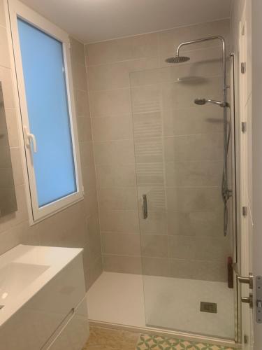 een badkamer met een douche en een glazen deur bij Piso del Columpio II en CENTRO de Lugo in Lugo
