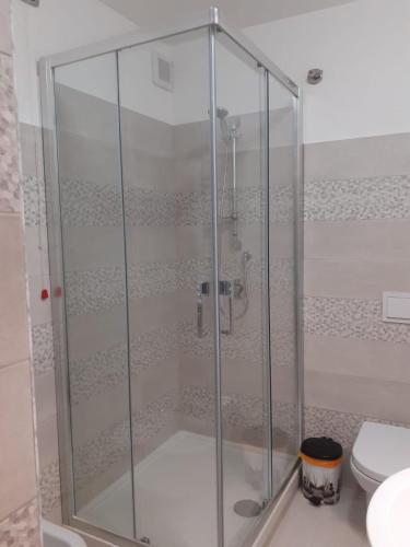 a shower stall in a bathroom with a toilet at La Casa di Romeo in Ateleta