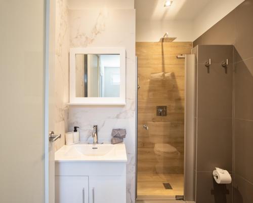 a bathroom with a sink and a shower at Rosalina Isla Verde in San Juan