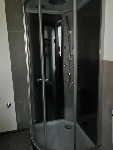 a shower with a glass door in a bathroom at Gästehaus Fuchsröhre in Welcherath